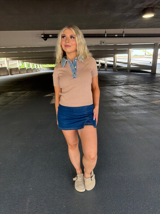 LA Sweater/Denim Top in Khaki