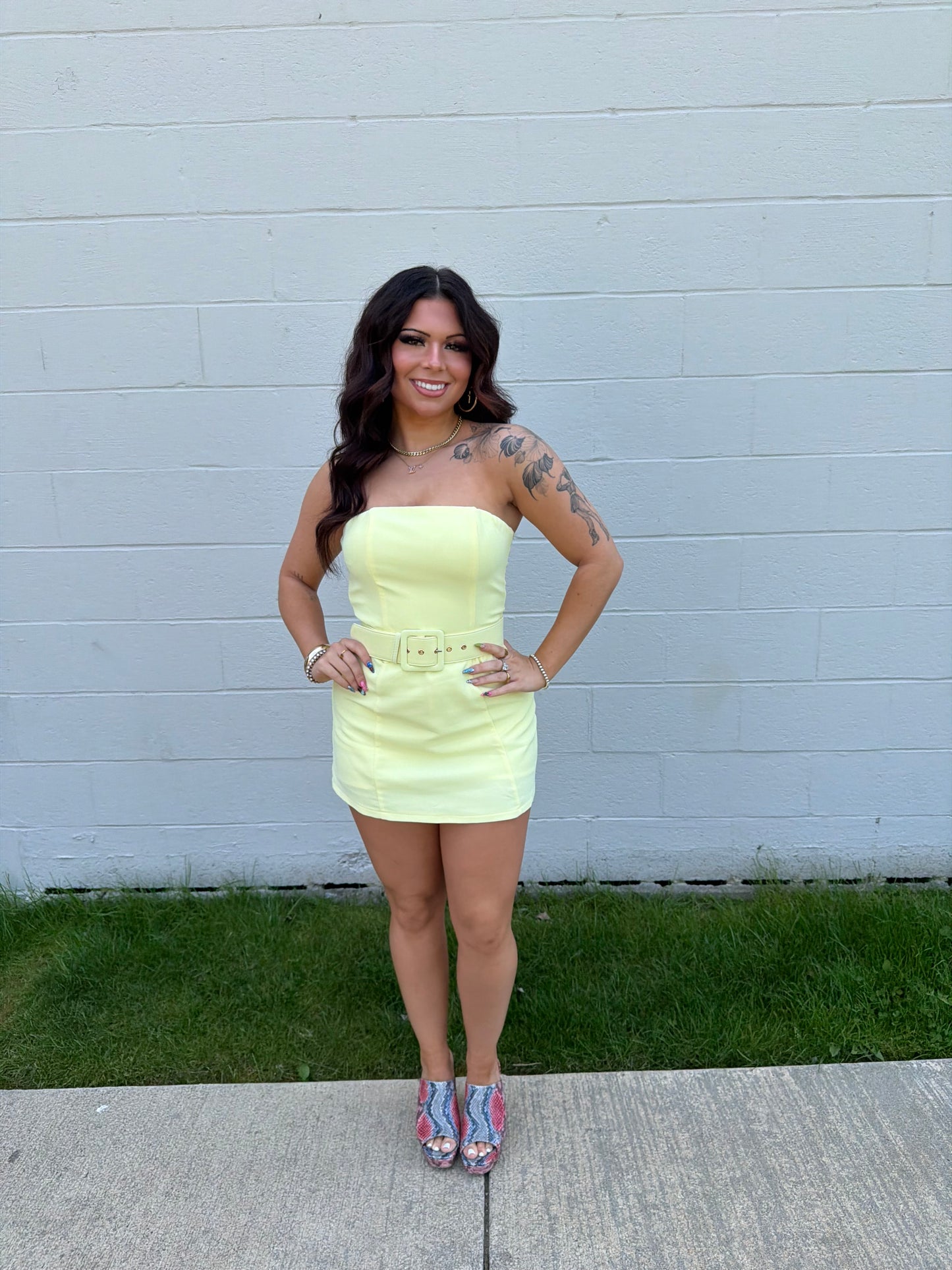 Belted Baddie Mini Dress in Banana