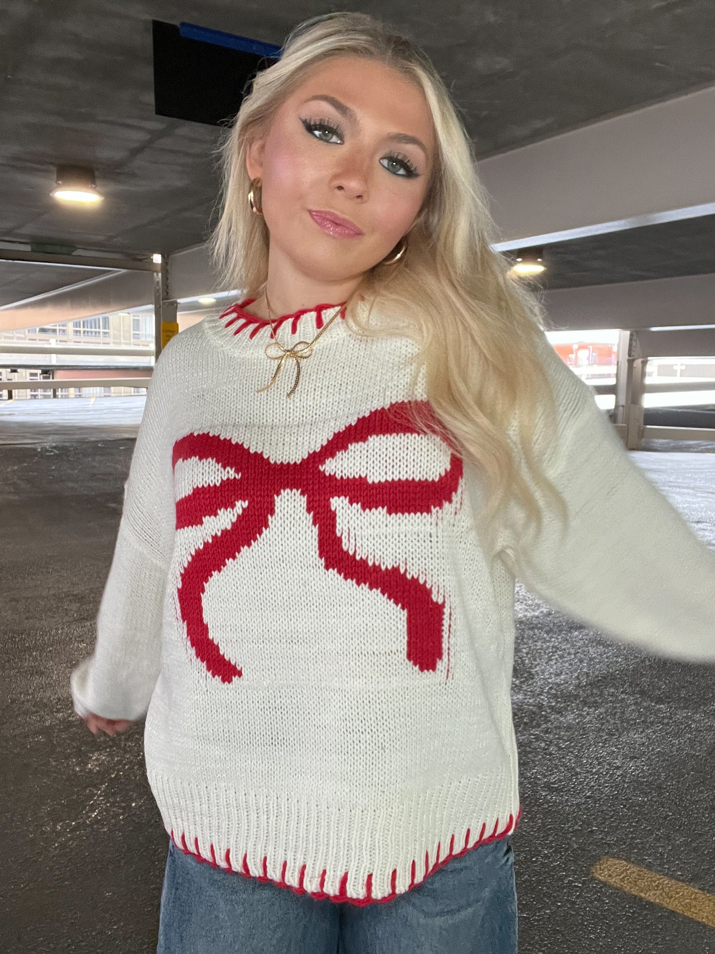 Red & Cream Stitch Bow Sweater