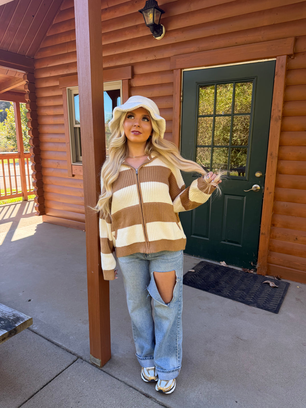 Morrison Stripe Sweater Zip in Tan
