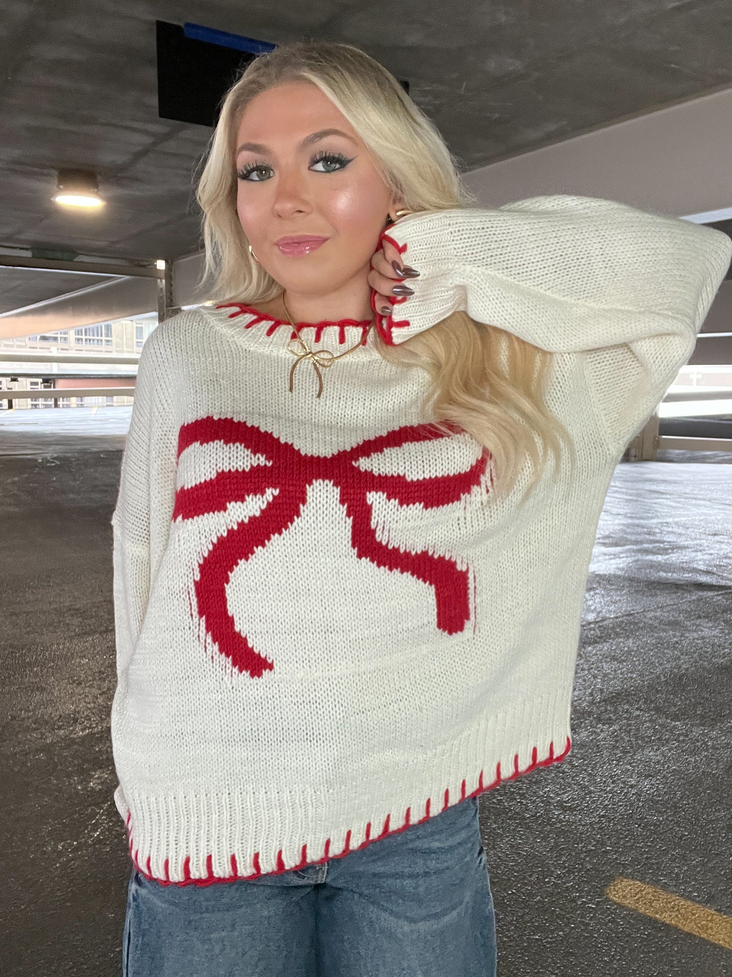 Red & Cream Stitch Bow Sweater