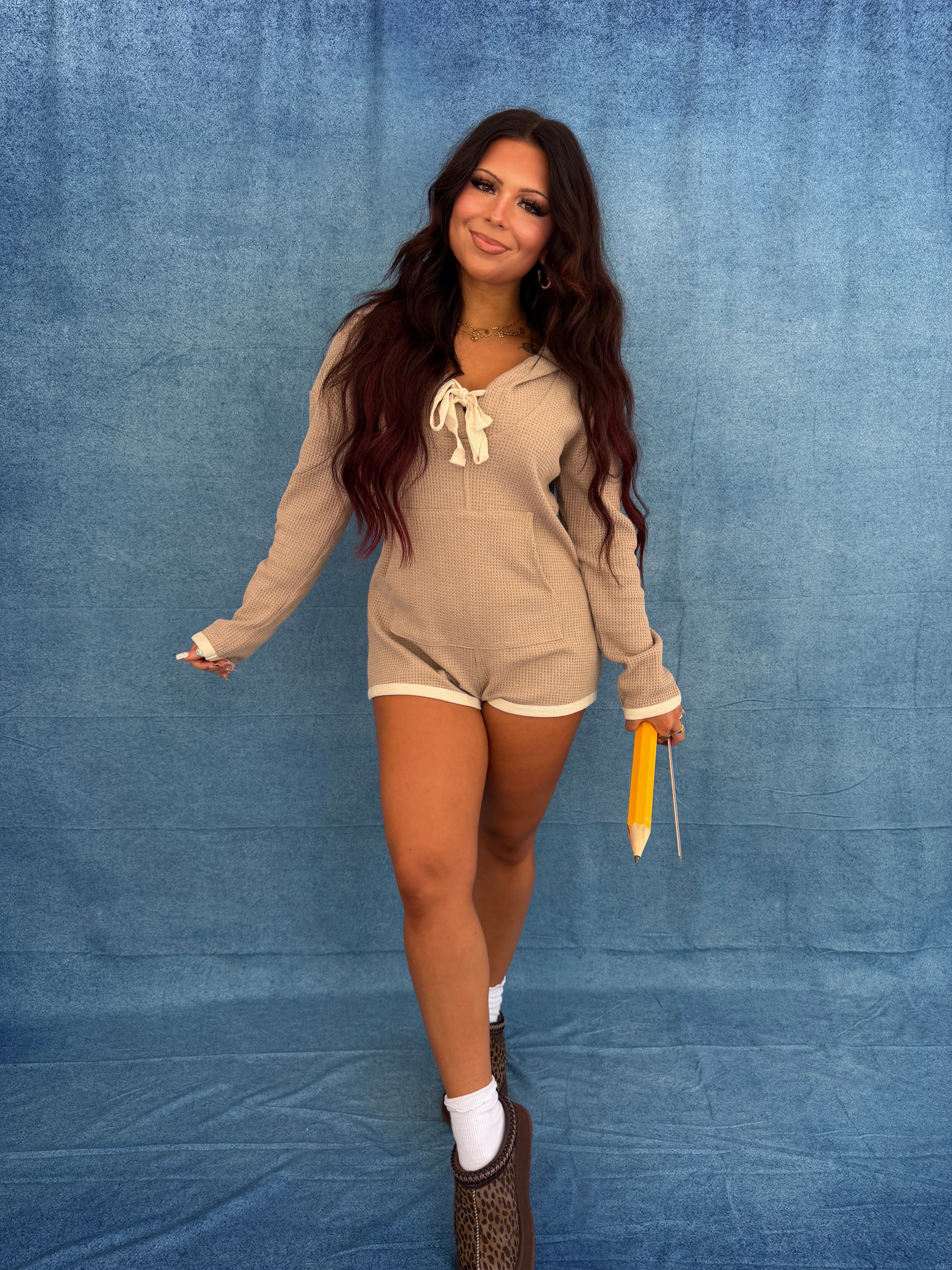 Hot Mess Sweater Romper in Taupe