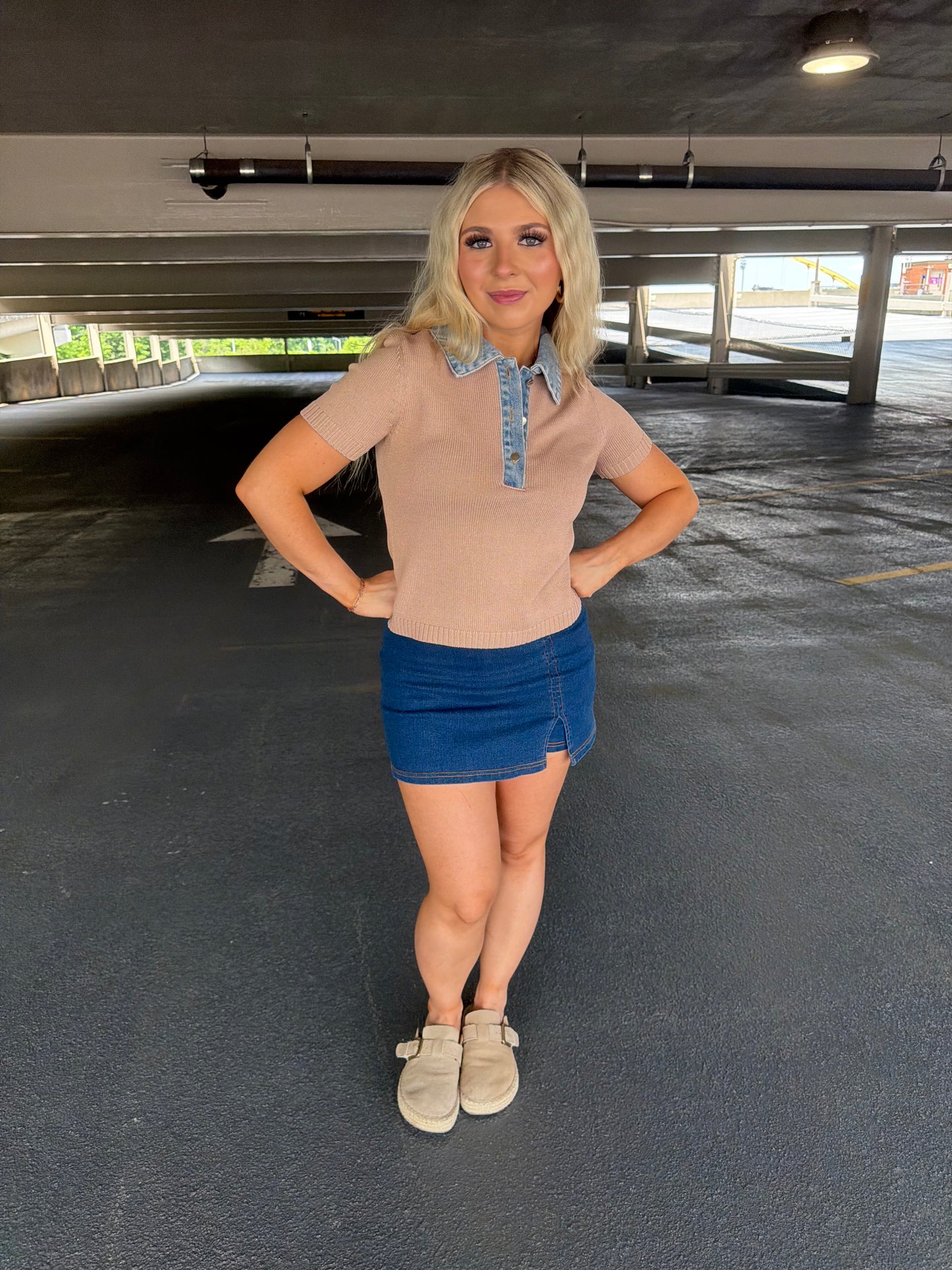 LA Sweater/Denim Top in Khaki