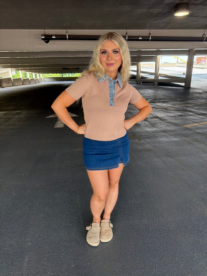 LA Sweater/Denim Top in Khaki