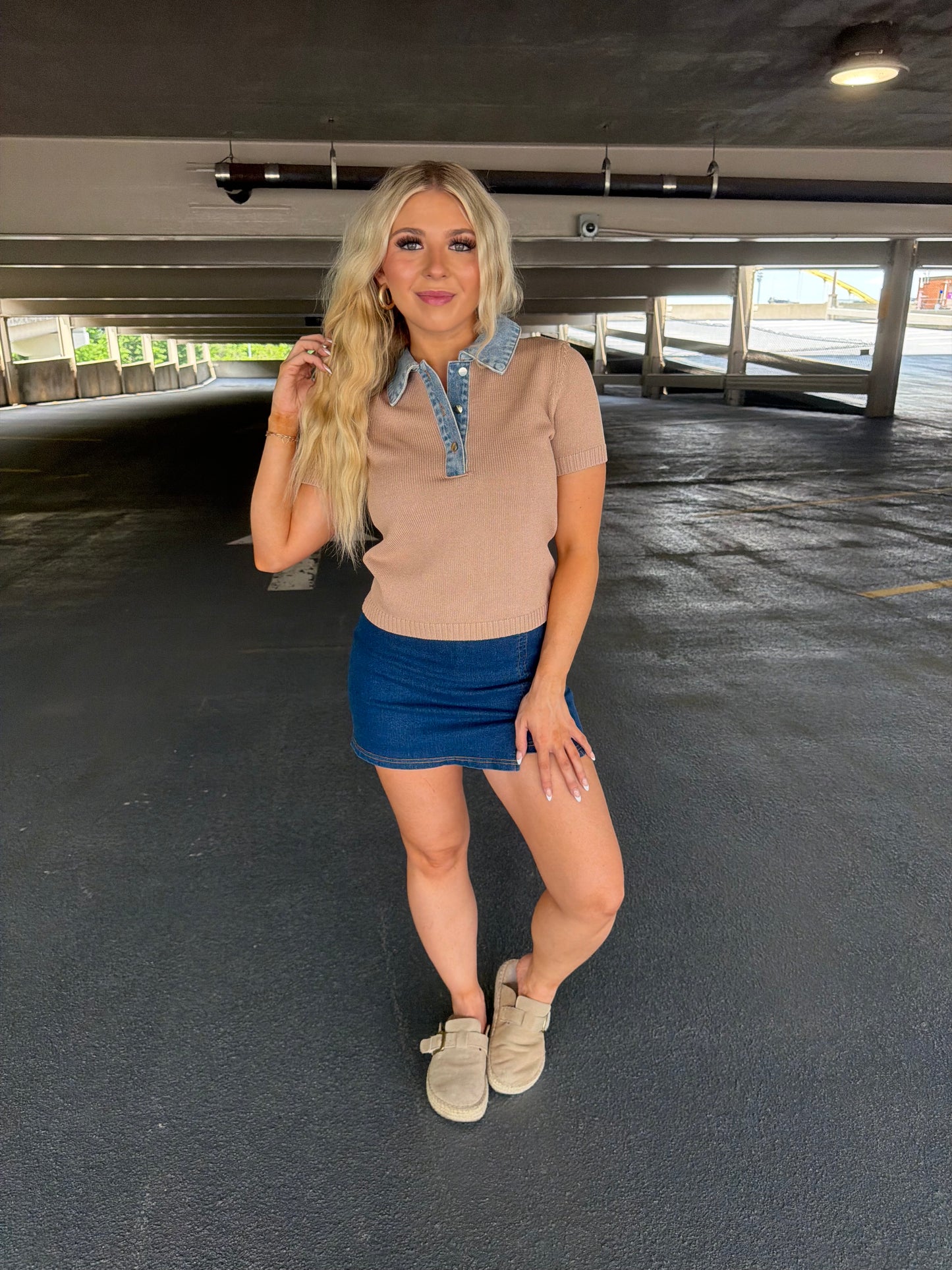 LA Sweater/Denim Top in Khaki
