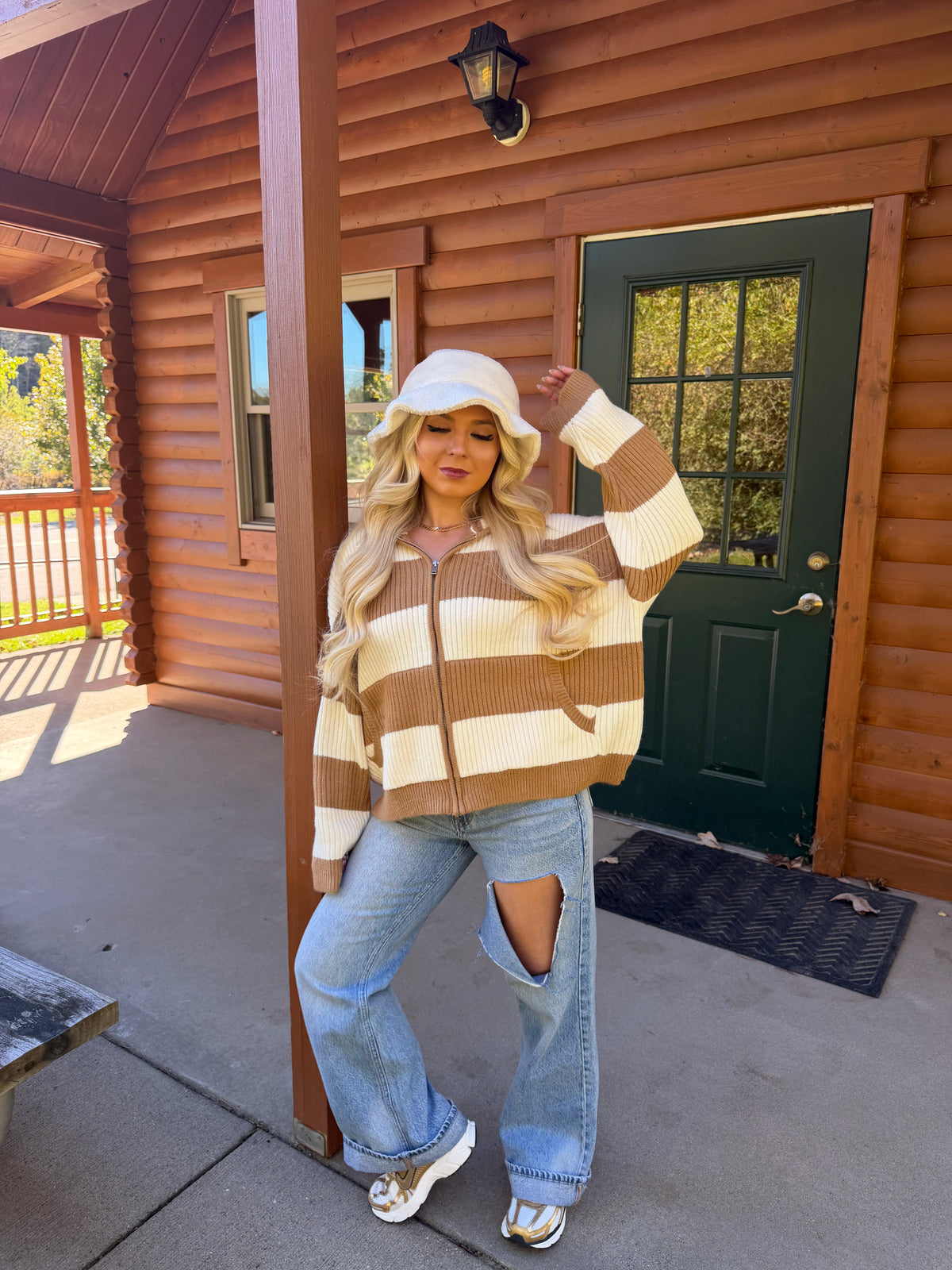 Morrison Stripe Sweater Zip in Tan