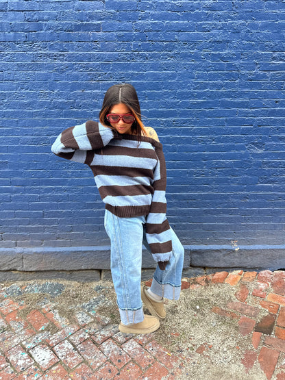 Dixie One Shoulder Sweater in Blue/Brown