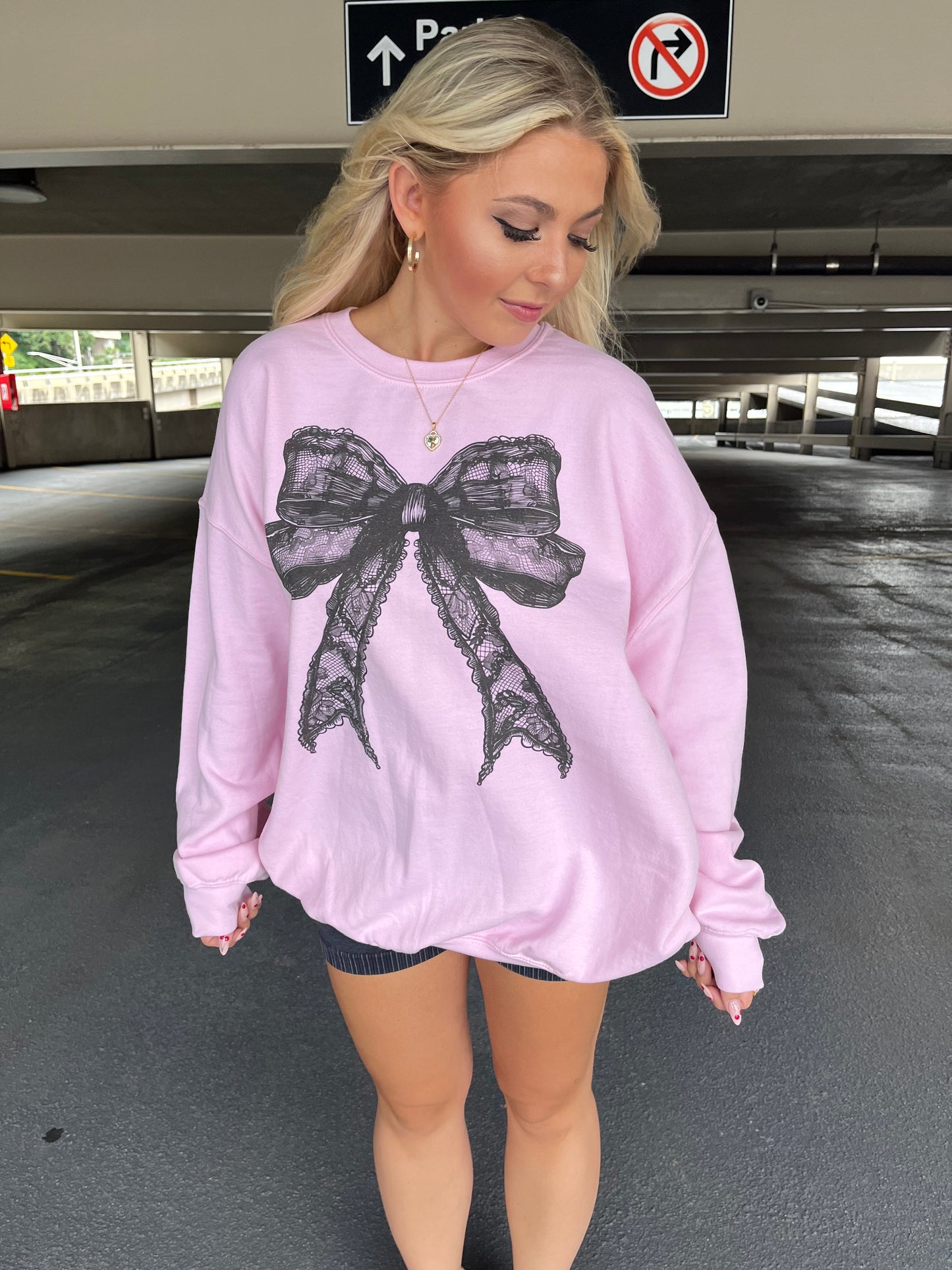 Black Lace Bow Oversized Pink Sweatshirt