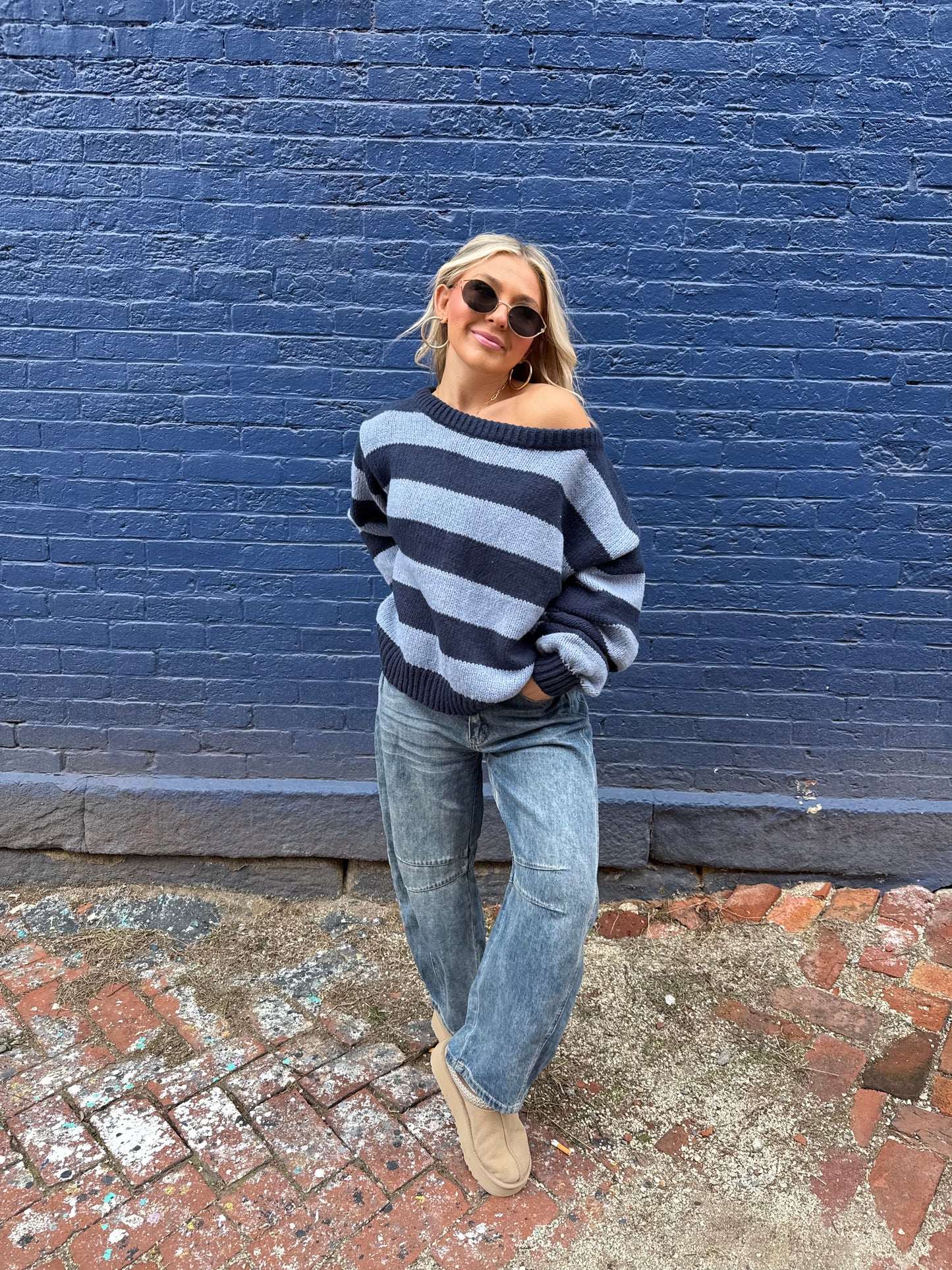 Dixie One Shoulder Sweater in Blue/Navy