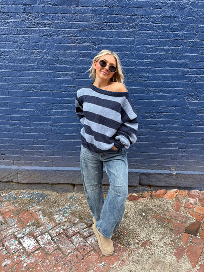 Dixie One Shoulder Sweater in Blue/Navy
