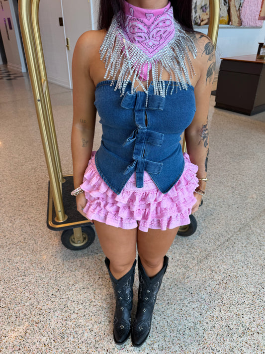 Denim Bow Strapless Corset