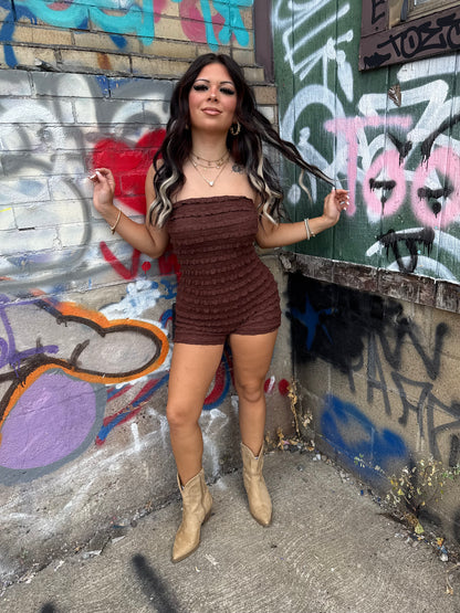 Ruffled Lacey Romper in Espresso