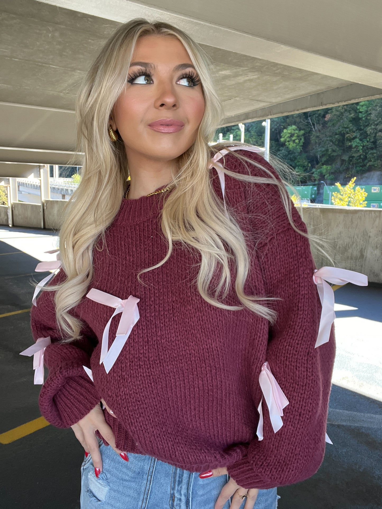 Creamy Bow Sweater in Burgundy