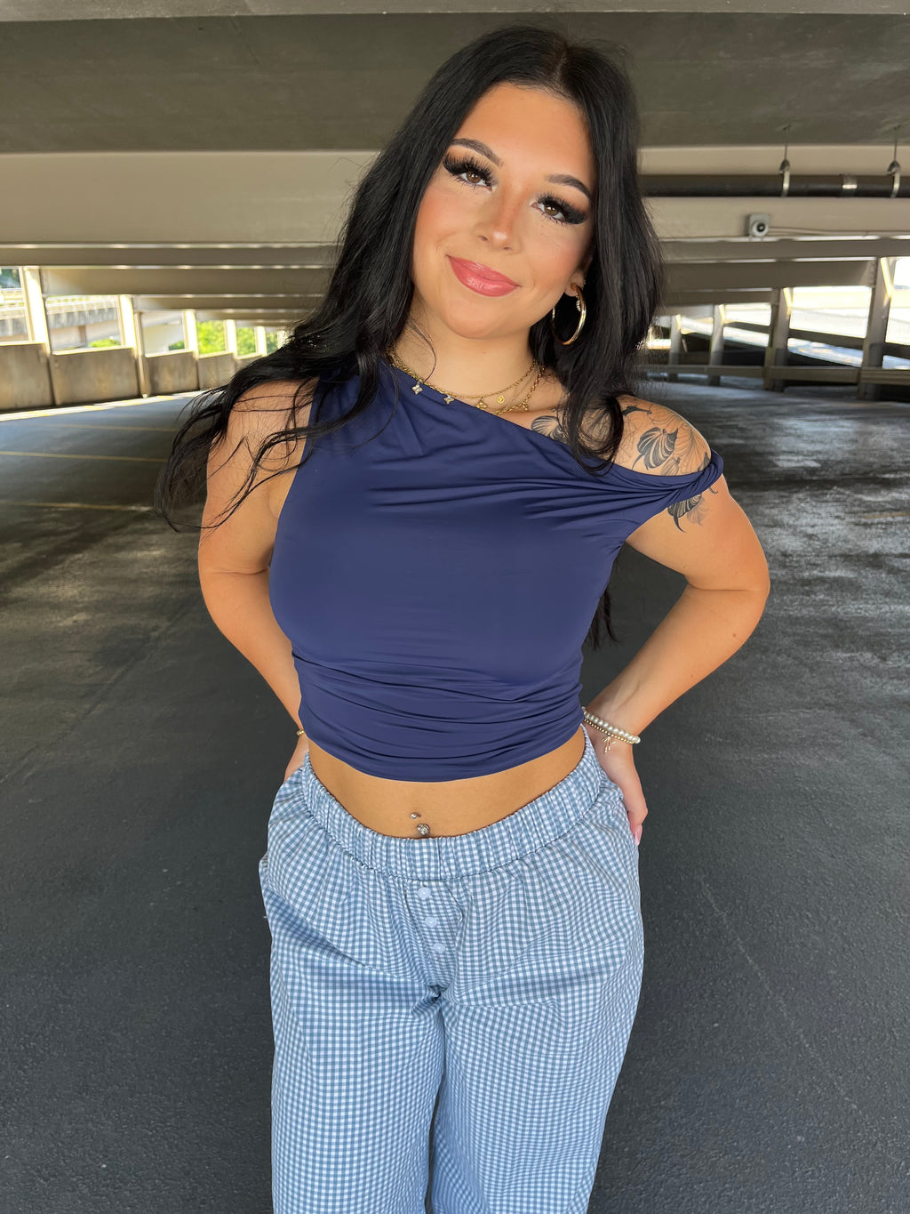 Jamie Navy One Shoulder Top