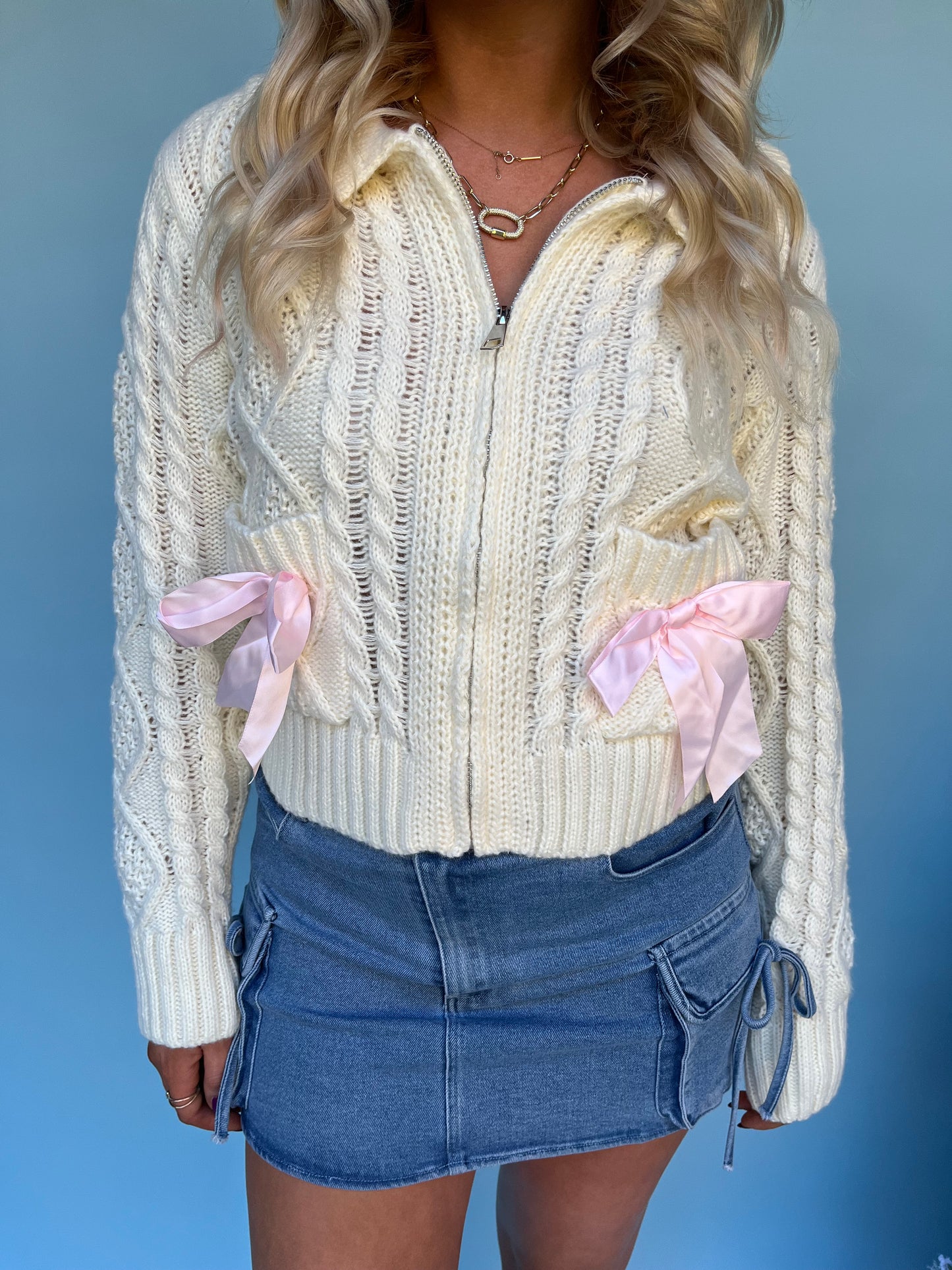 Bella Bow Zip Sweater in Ivory