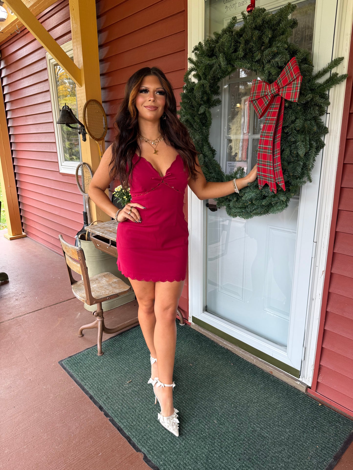 Scalloped Holidays Dress in Deep Red