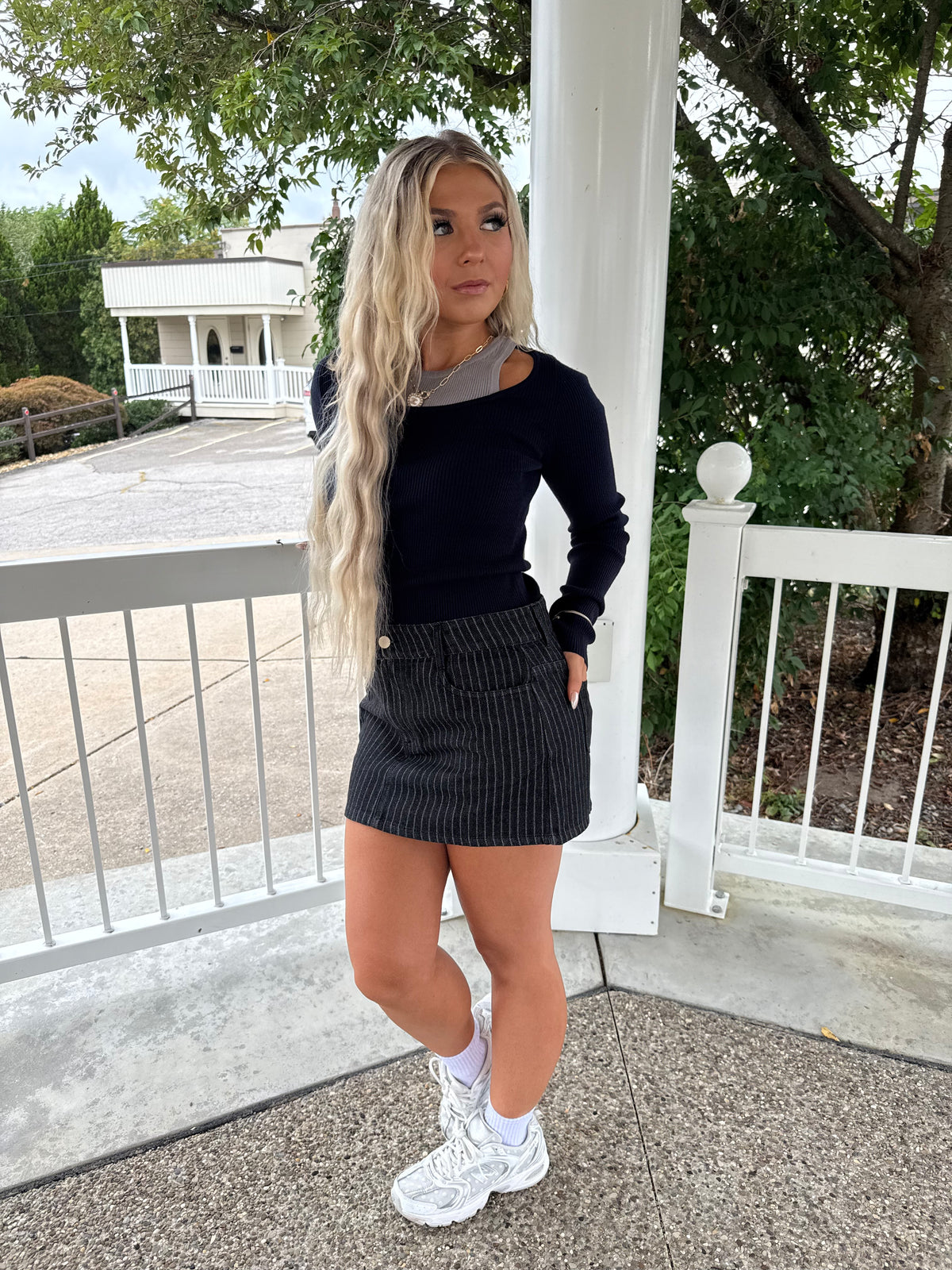 Down & Out Denim Stripe Skirt