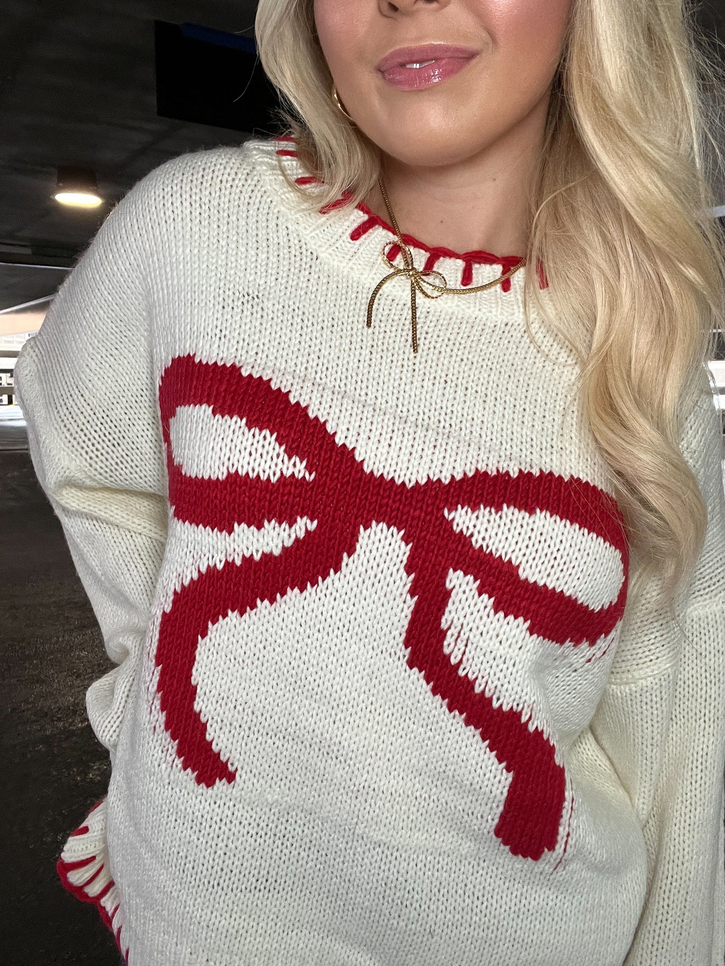 Red & Cream Stitch Bow Sweater