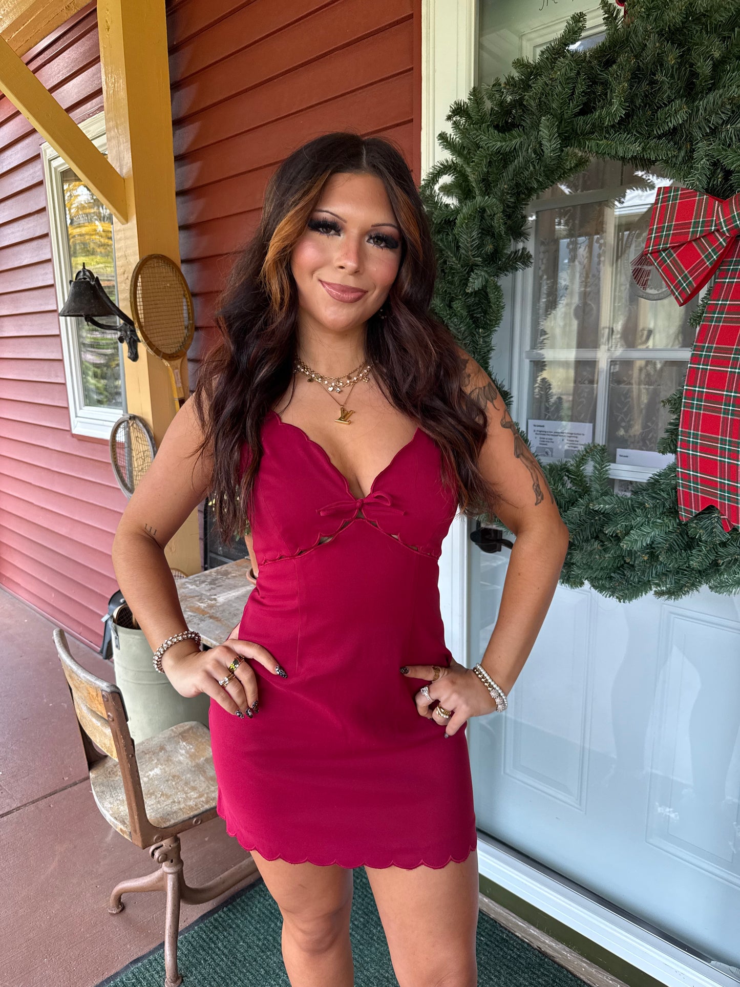 Scalloped Holidays Dress in Deep Red