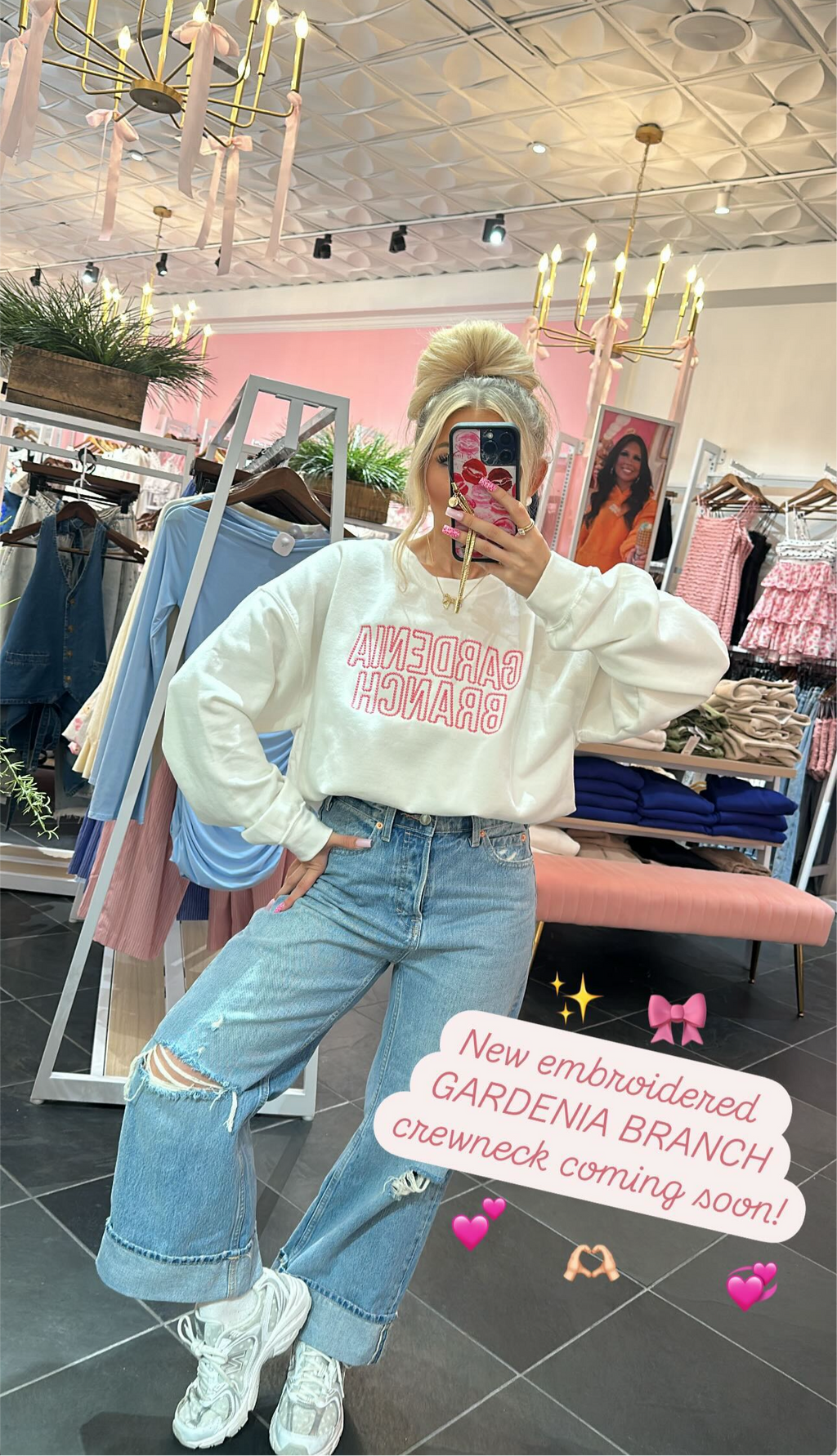 Gardenia Branch Pearl Embroidered Crew