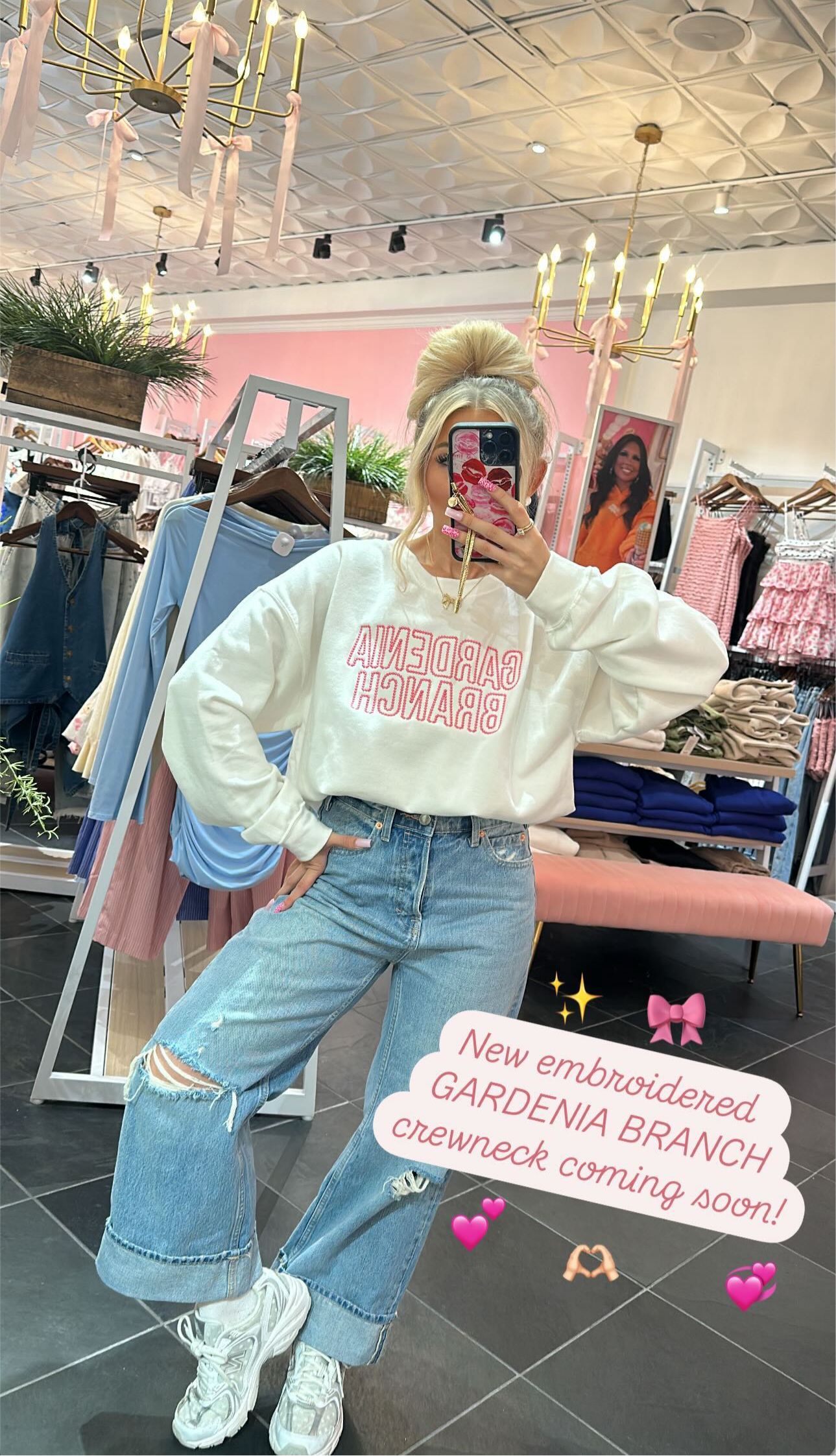 Gardenia Branch Pearl Embroidered Crew
