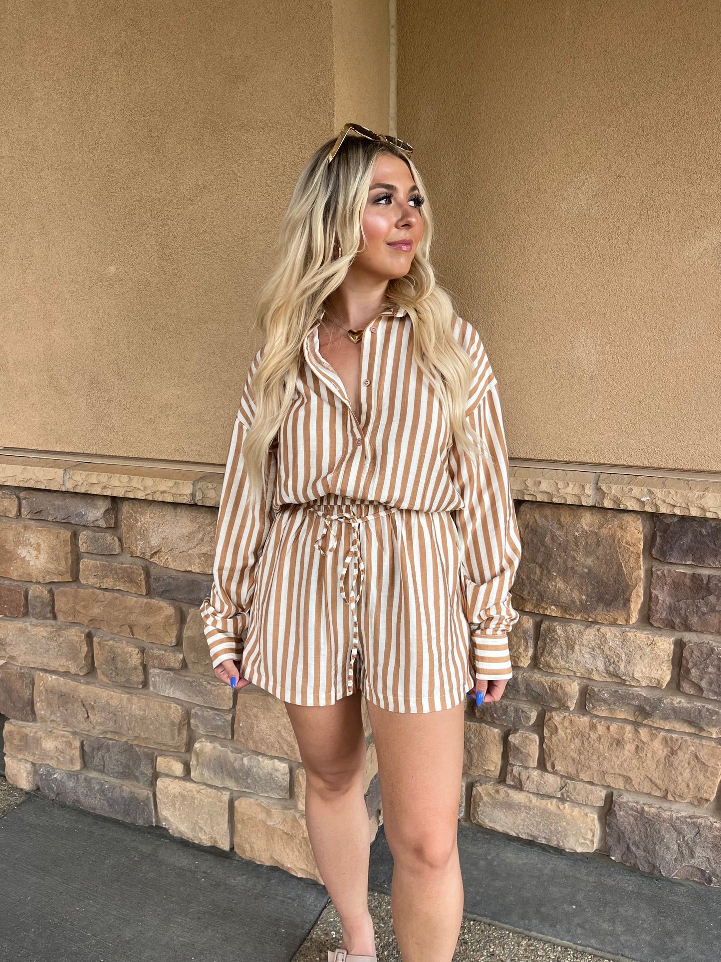 Shelley Striped Romper in Taupe