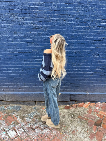 Dixie One Shoulder Sweater in Blue/Navy