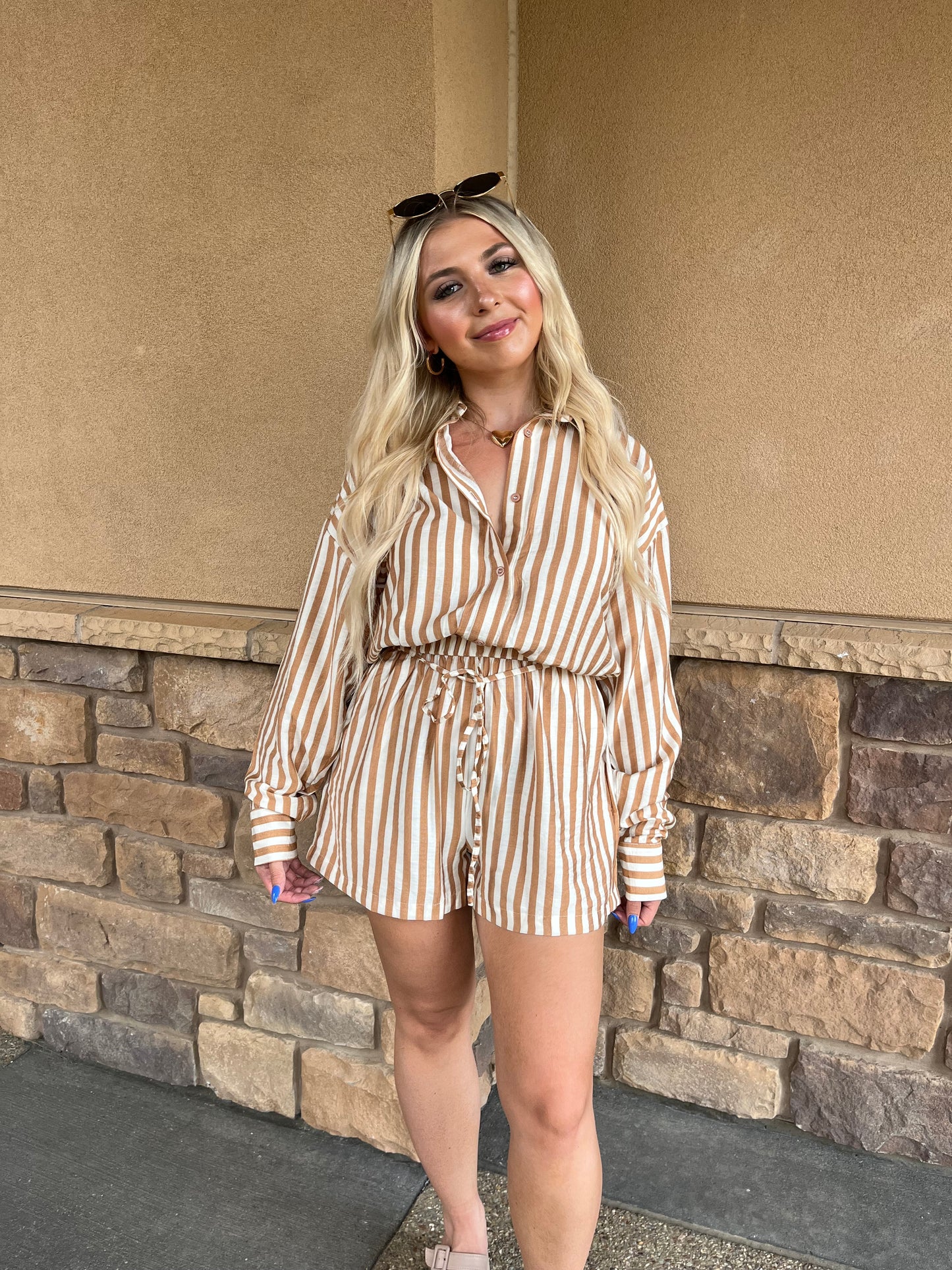 Shelley Striped Romper in Taupe