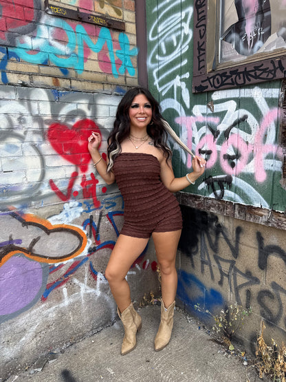 Ruffled Lacey Romper in Espresso