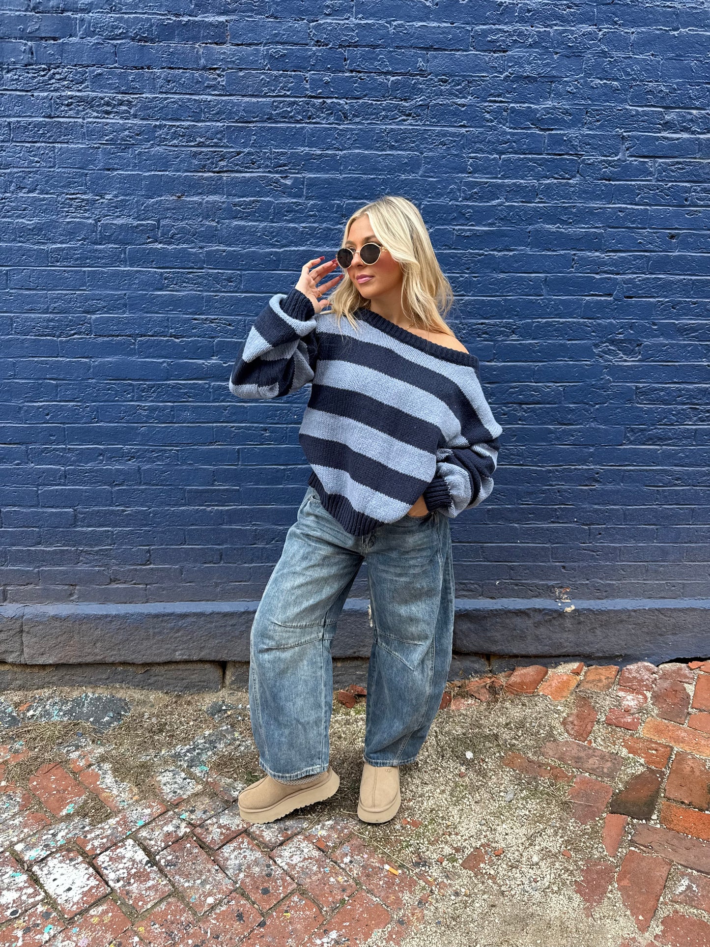 Dixie One Shoulder Sweater in Blue/Navy