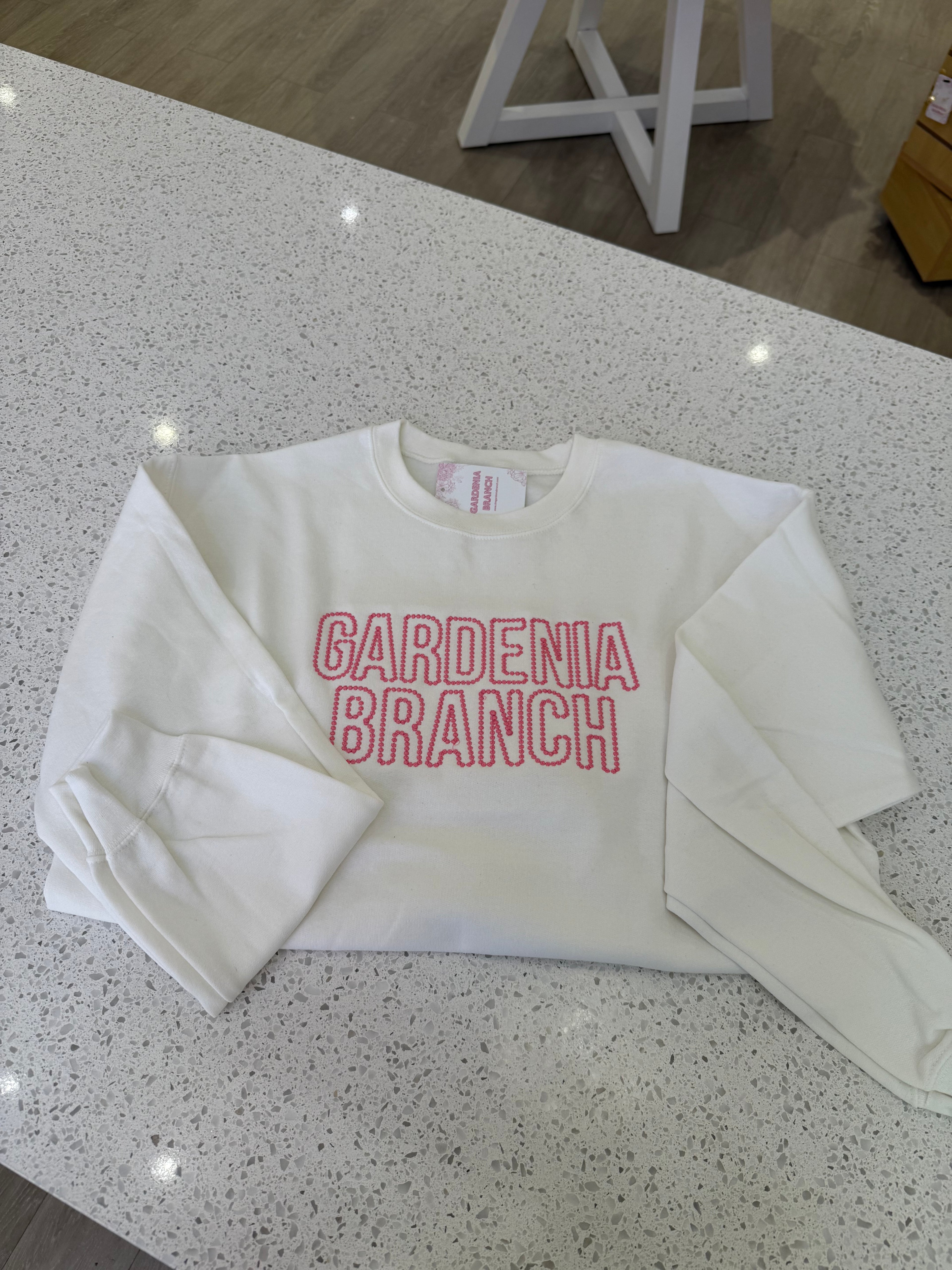 Gardenia Branch Pearl Embroidered Crew