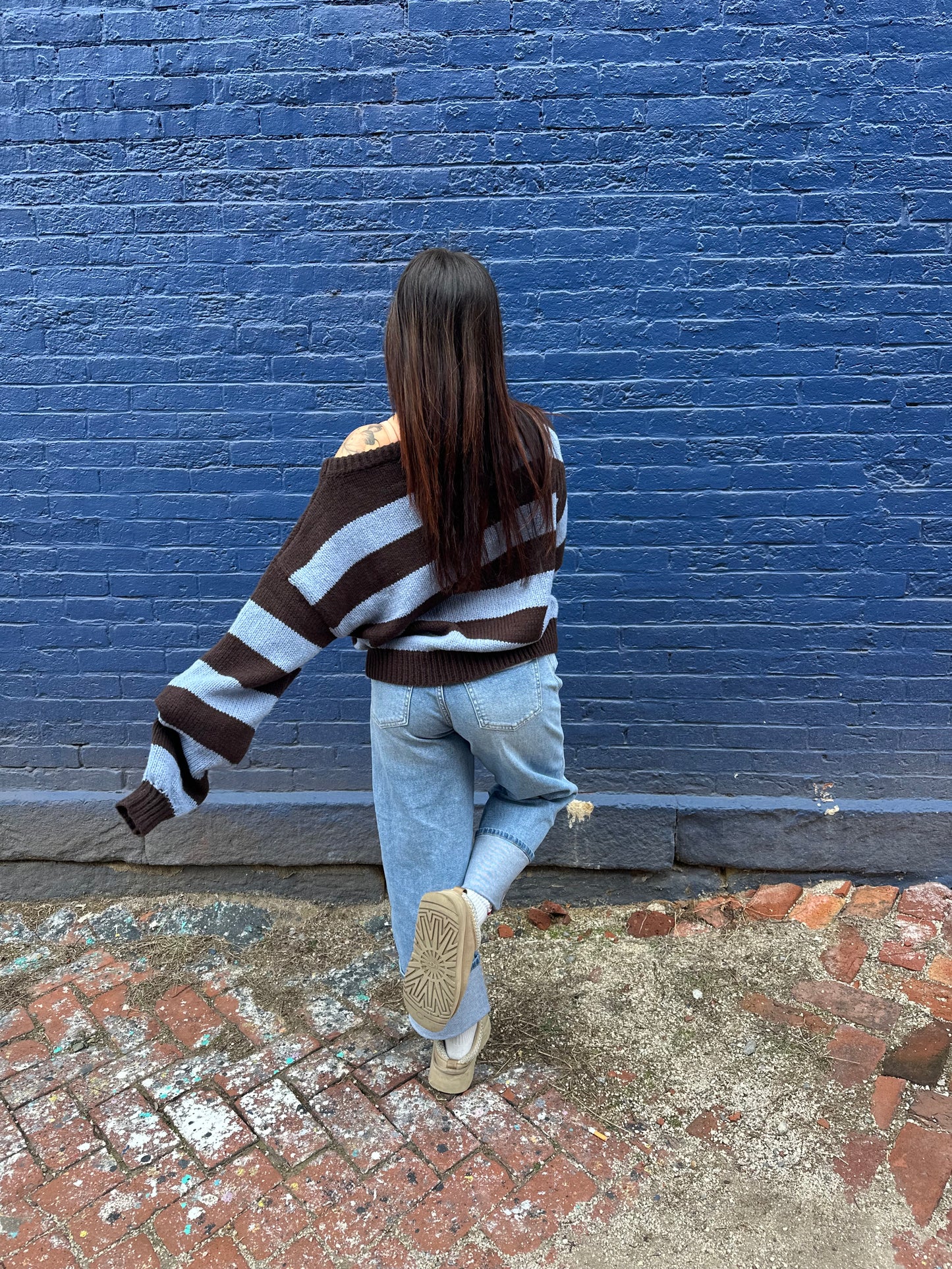 Dixie One Shoulder Sweater in Blue/Brown