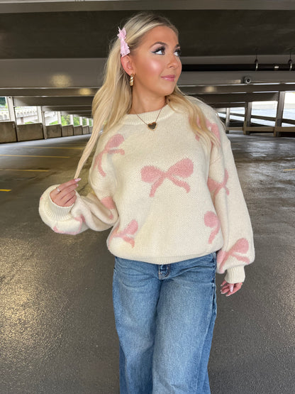 Coquette Cream And Pink Bow Sweater