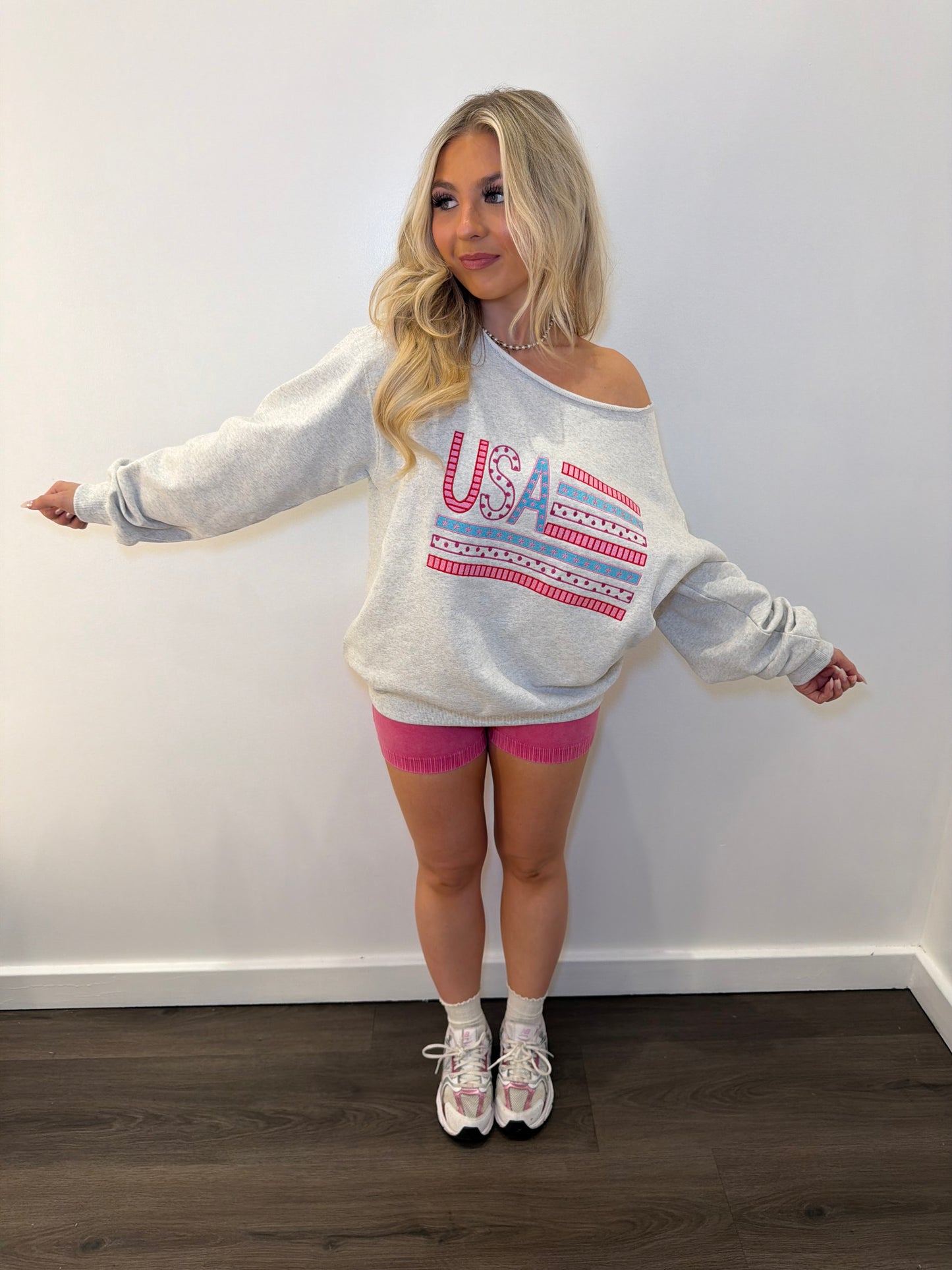 One Shoulder USA Embroidered Crew