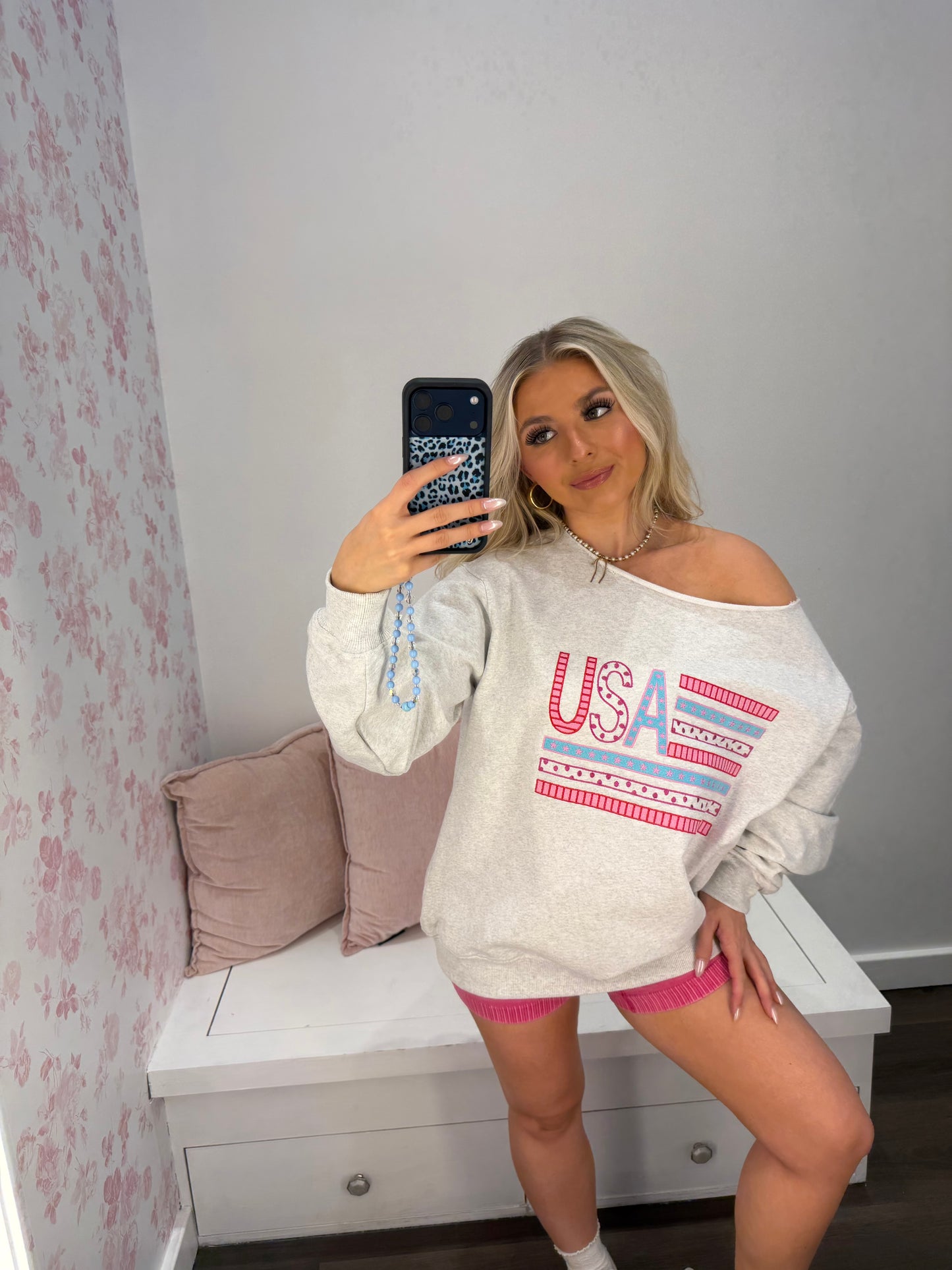 One Shoulder USA Embroidered Crew