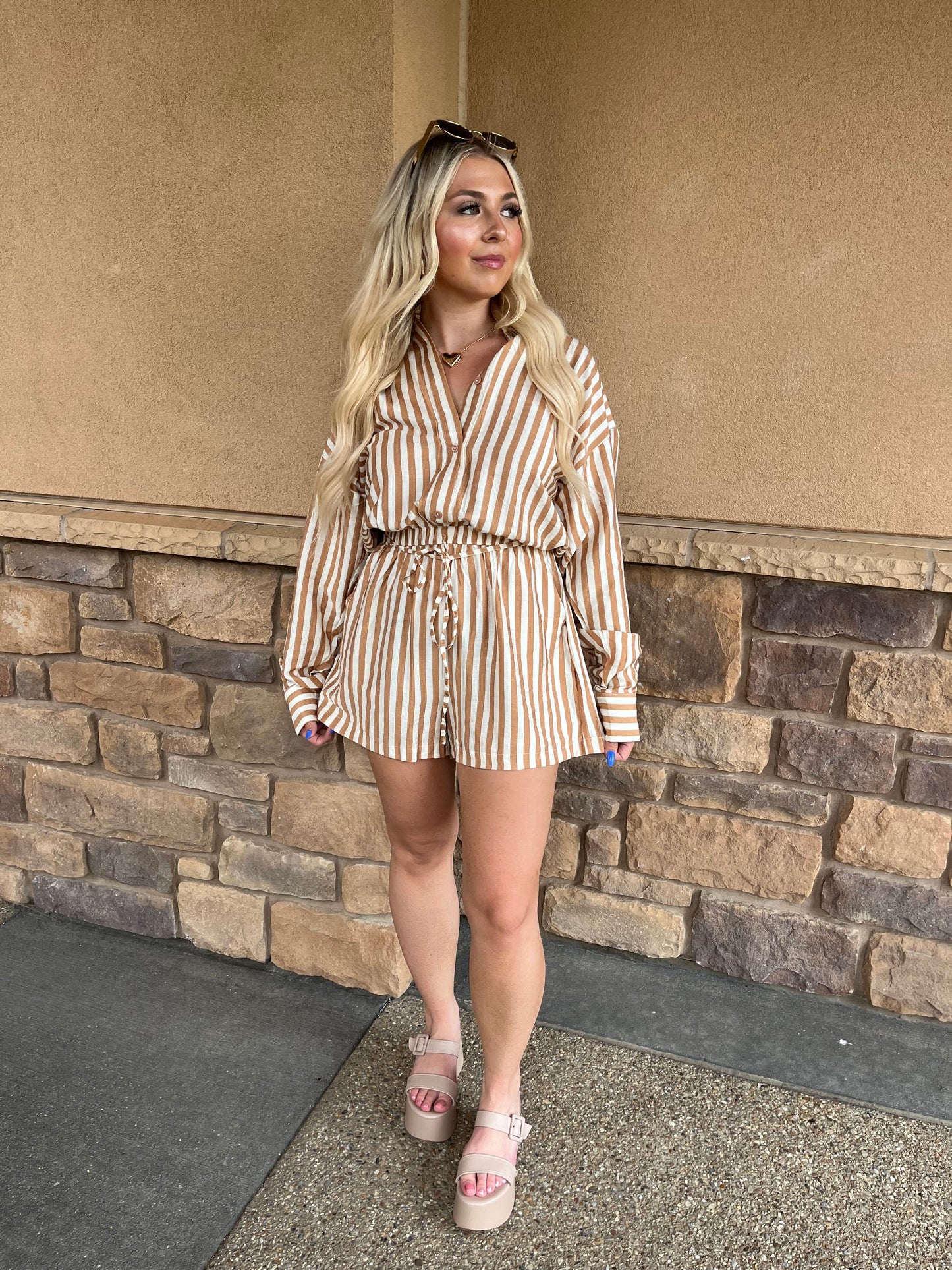 Shelley Striped Romper in Taupe