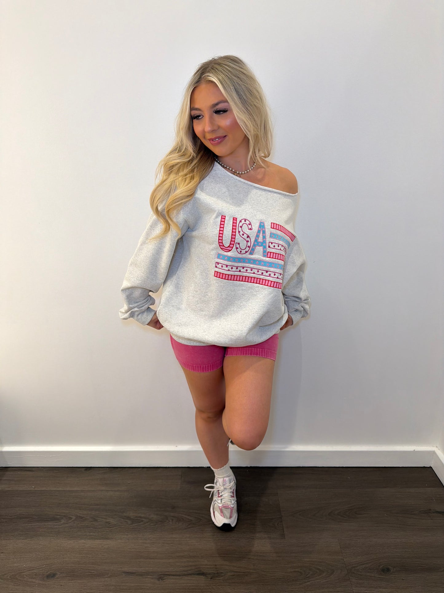 One Shoulder USA Embroidered Crew