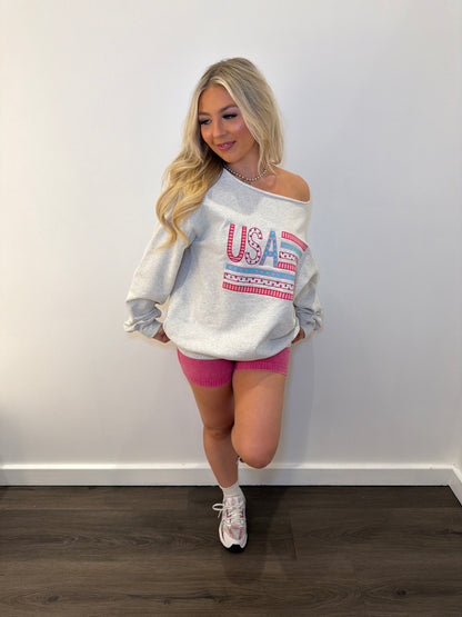 One Shoulder USA Embroidered Crew