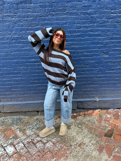 Dixie One Shoulder Sweater in Blue/Brown