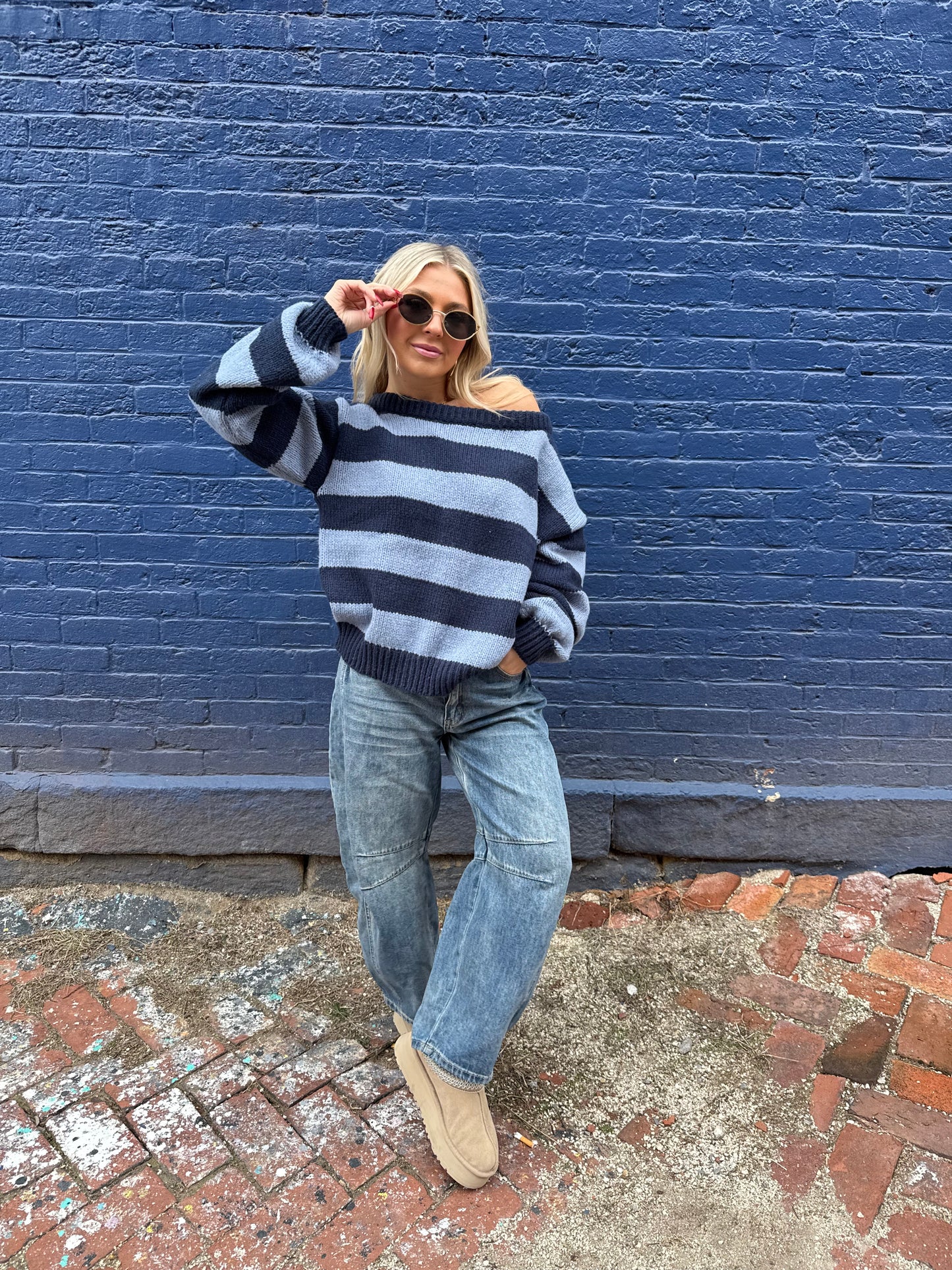 Dixie One Shoulder Sweater in Blue/Navy