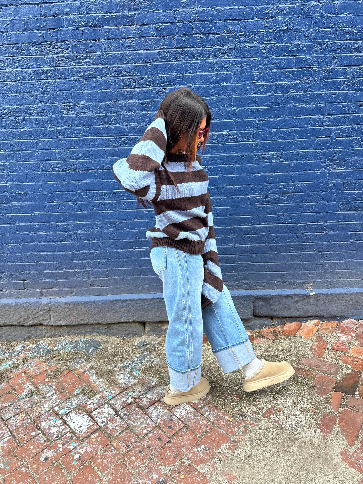 Dixie One Shoulder Sweater in Blue/Brown