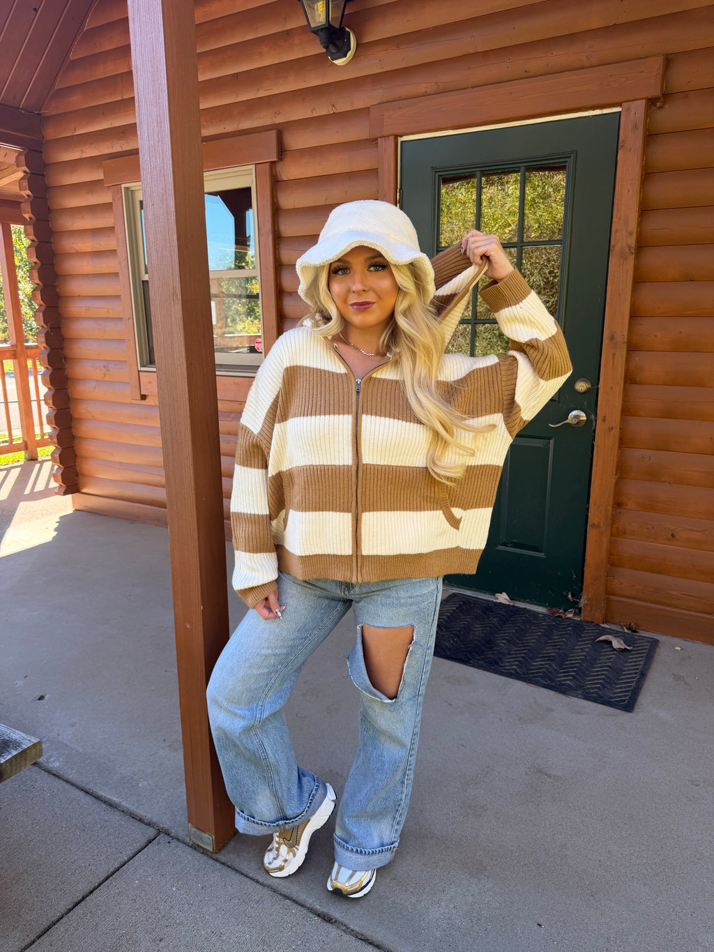 Morrison Stripe Sweater Zip in Tan