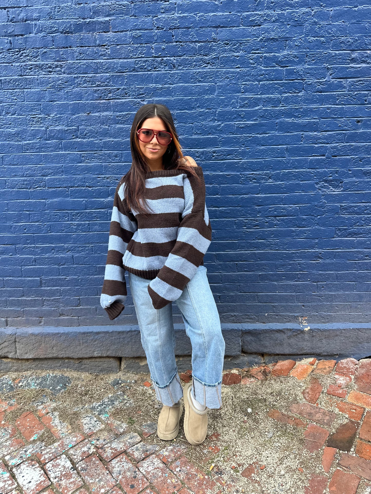 Dixie One Shoulder Sweater in Blue/Brown