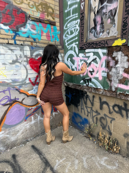 Ruffled Lacey Romper in Espresso