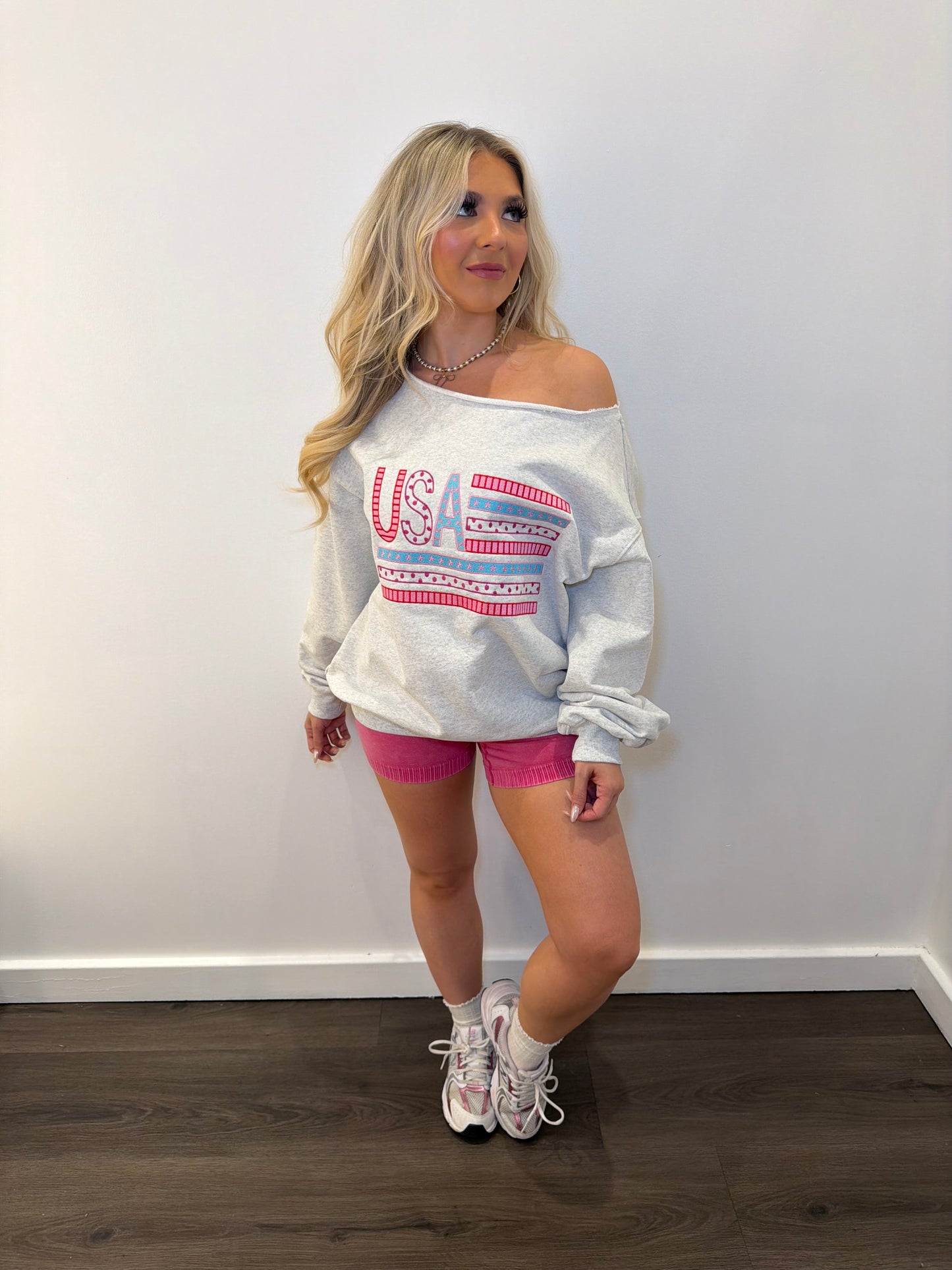 One Shoulder USA Embroidered Crew