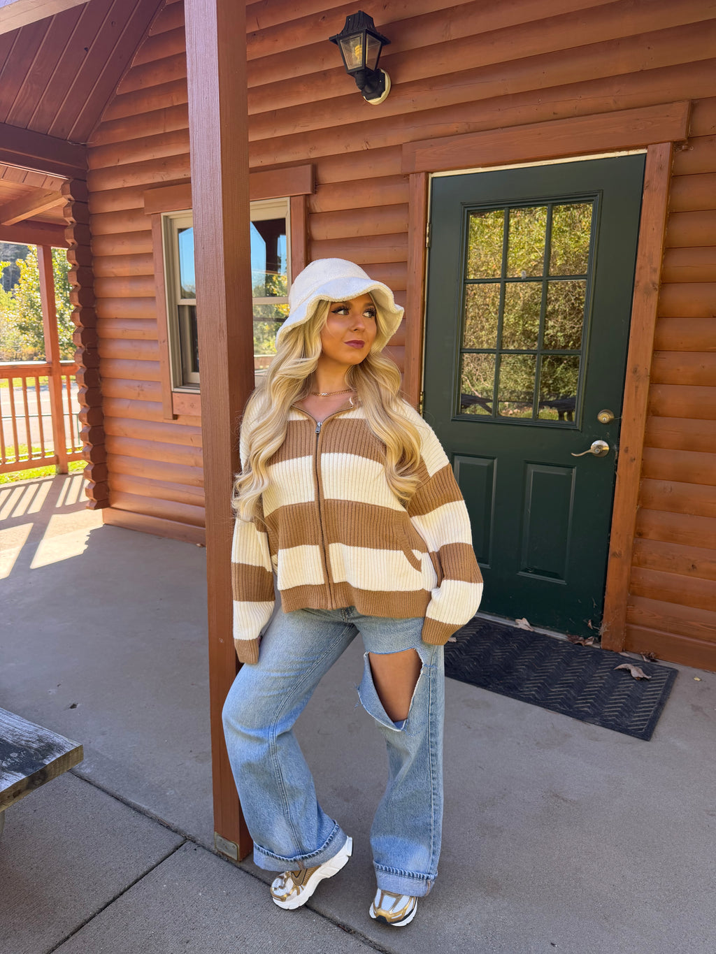 Morrison Stripe Sweater Zip in Tan