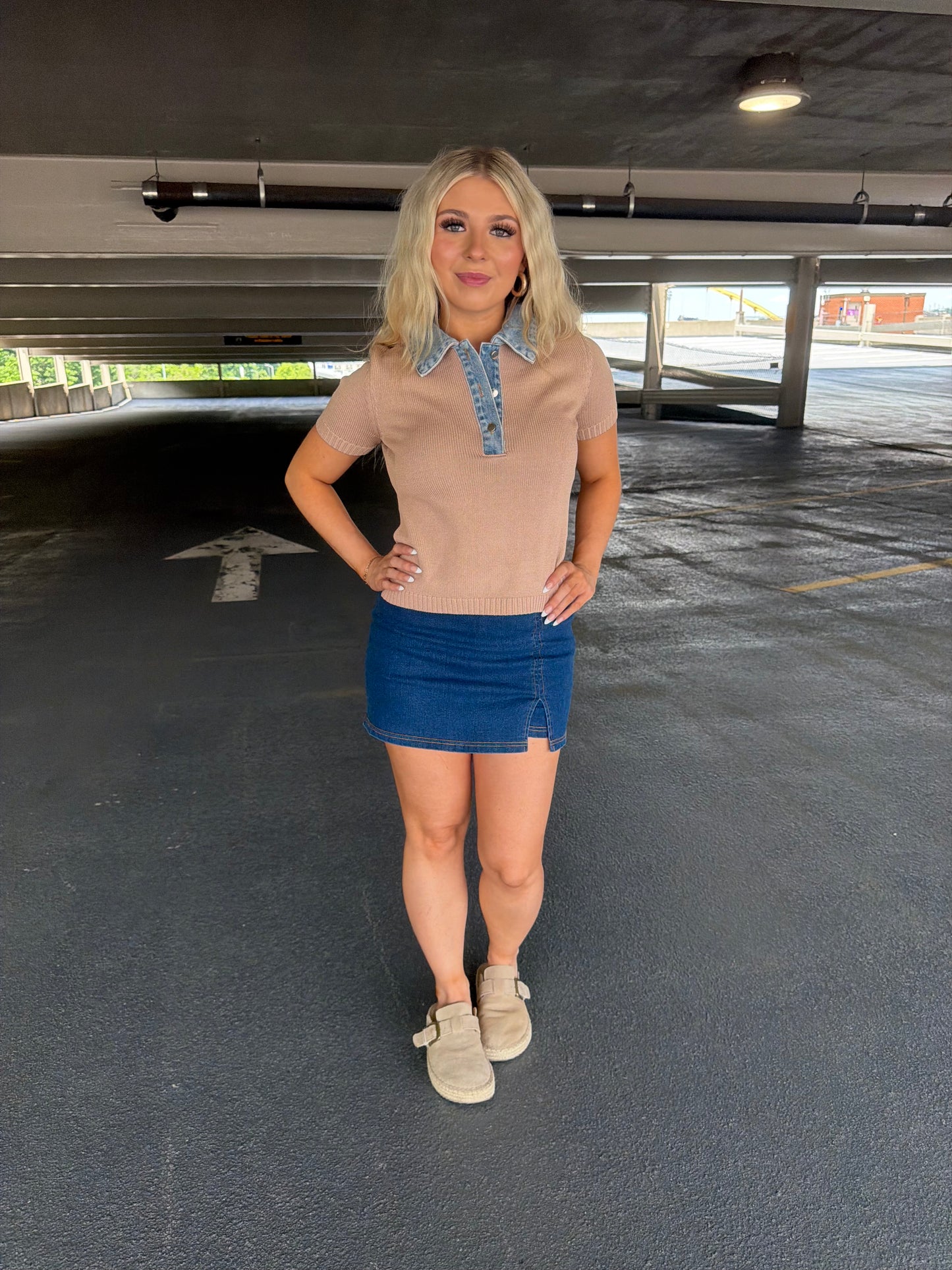 LA Sweater/Denim Top in Khaki
