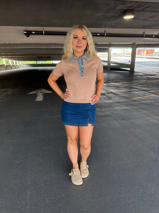 LA Sweater/Denim Top in Khaki