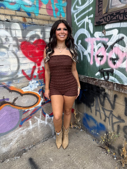 Ruffled Lacey Romper in Espresso