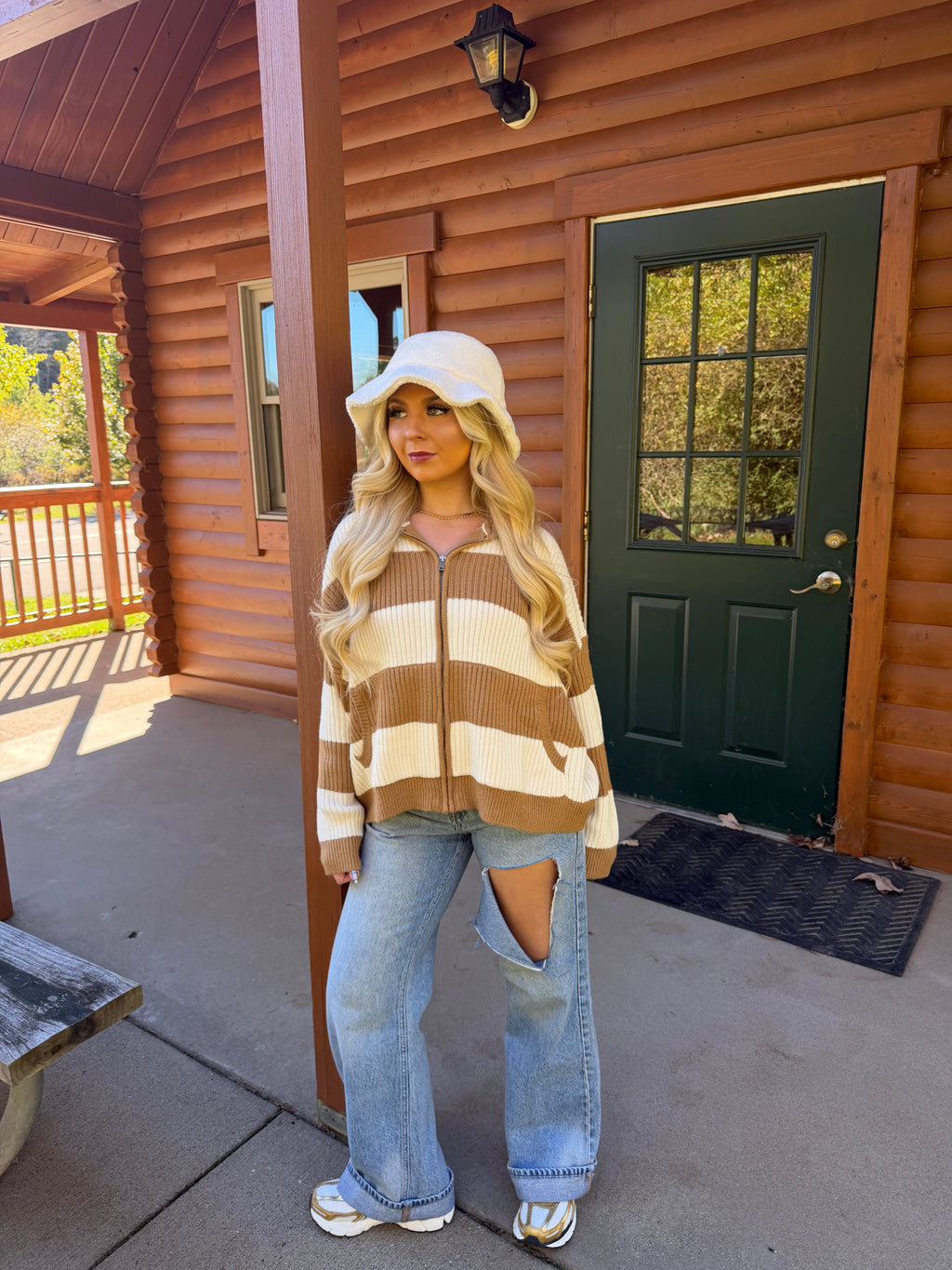 Morrison Stripe Sweater Zip in Tan